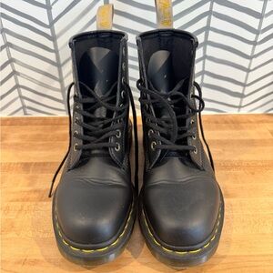 Dr. Martens Black Vegan Leather Boots with Yellow Stitching